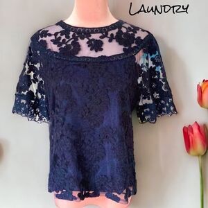 LAUNDRY BY SHELLI SEGAL BLOUSE TOP MEDIUM LACE EMBELLISHED NAVY BLUE